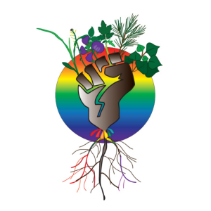 A fist holding many plant species in front of a circle with a rainbow gradient
